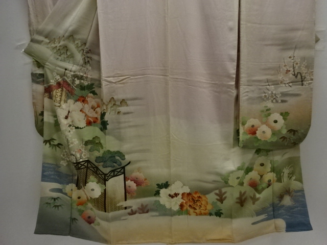  大正ロマン　錦紗草花に幕・御所車模様刺繍五つ紋花嫁衣装振袖3枚重ね